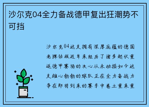 沙尔克04全力备战德甲复出狂潮势不可挡